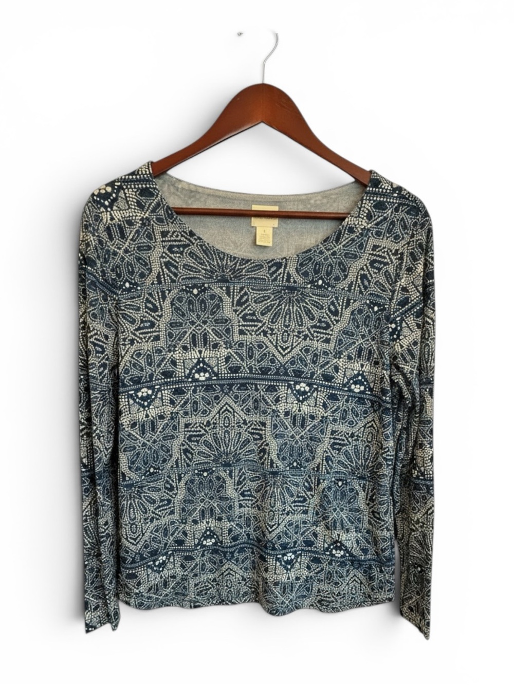 Chico’s Blue Geometric Kaleidoscope Print Mesh Lined Top Size 1 Long Sleeve